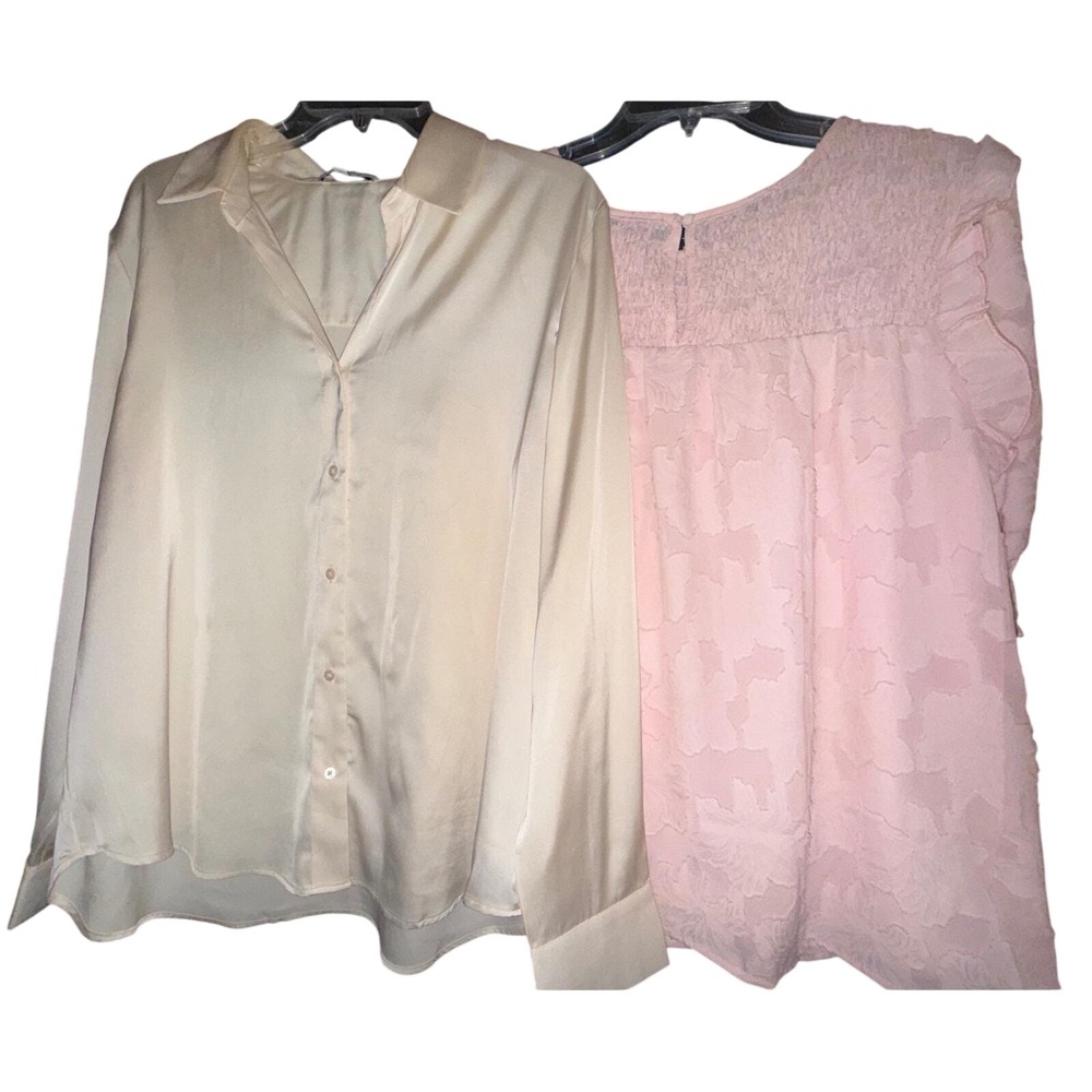 Women's Blouse Lot Size Large Maison d'Amélie Satin + Dokotoo Pink Ruffle Top - Picture 2 of 9